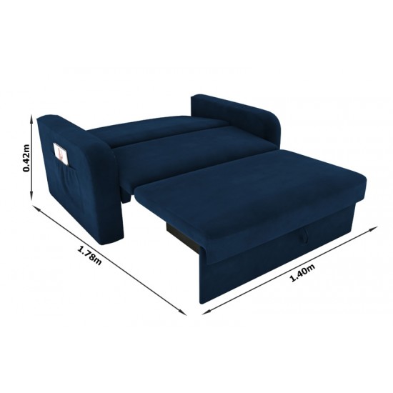 Sofá Cama Daiane com Baú 2 Lugares 140cm Azul